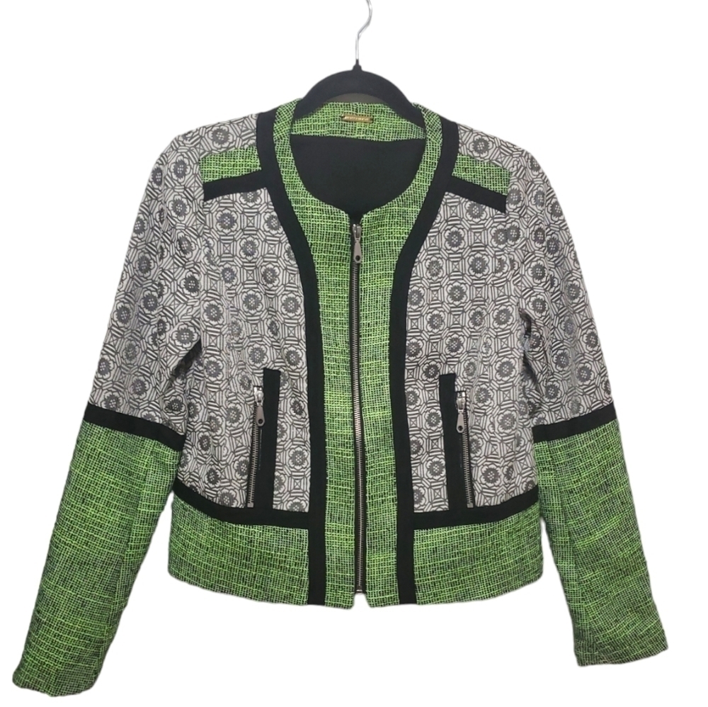 Rebecca Minkoff  Payton Travel Tweed Collarless Jacket, Neon Green/Black, Size 2 - Picture 3 of 16